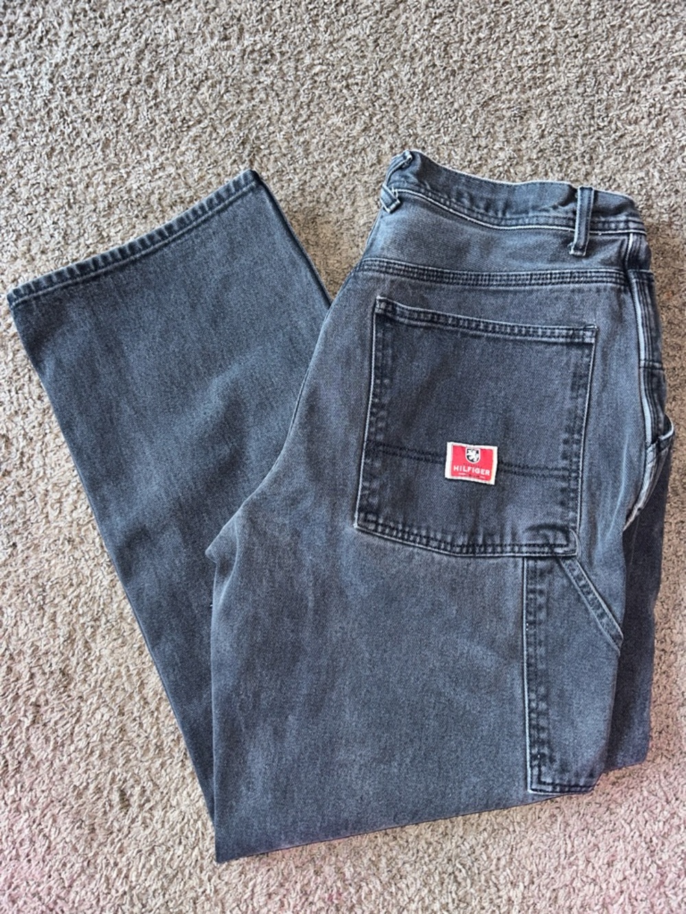 Vintage Tommy Hilfiger Men's Washed Black Relaxed Carpenter Jeans 36x32